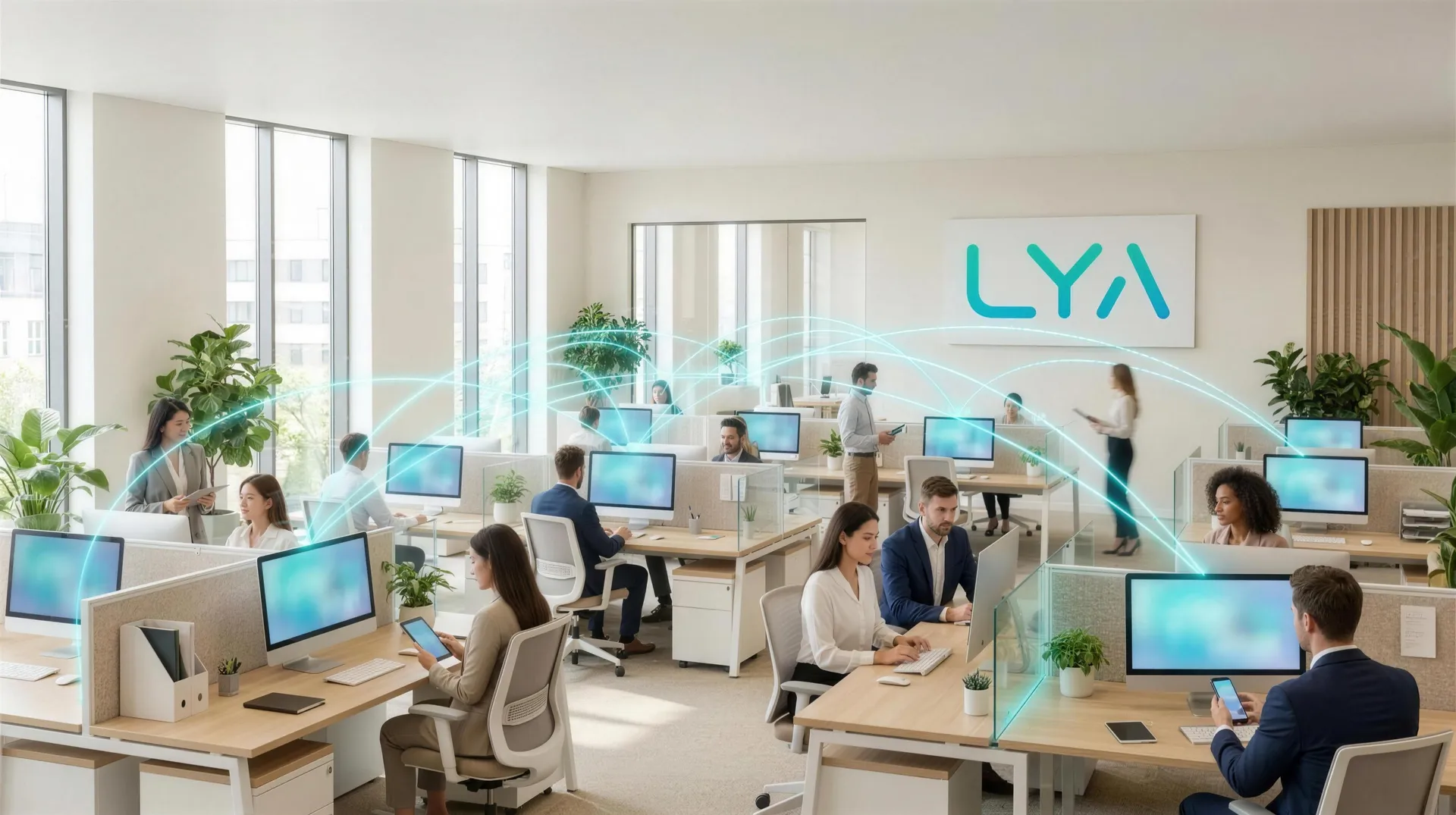 Open-space : des équipes au travail, connectées par Lya